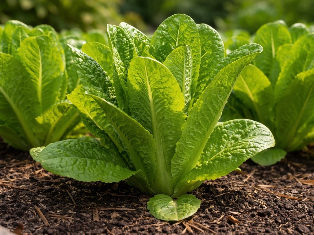 Close-up of crisp romaine lettuce growing in a Florida garden bed with warm, sunlit soil.