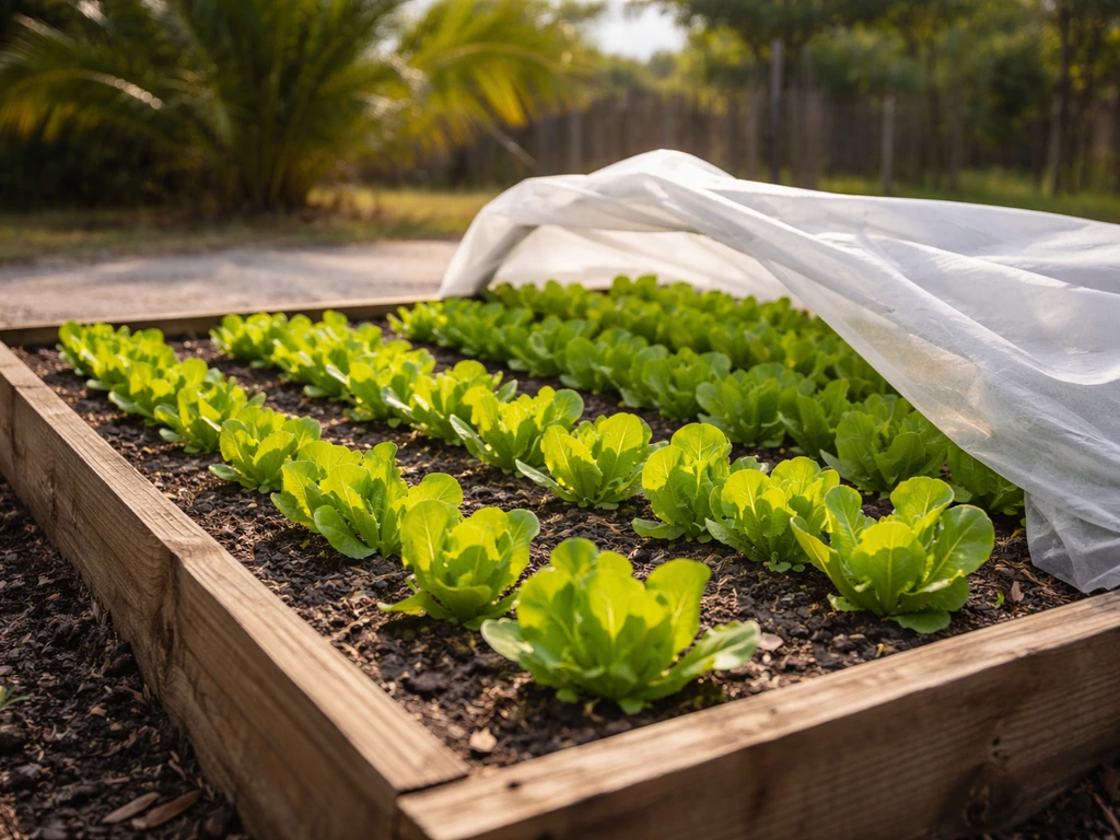 Lettuce seedlings in a small raised garden bed with frost cover under bright Florida sunlight