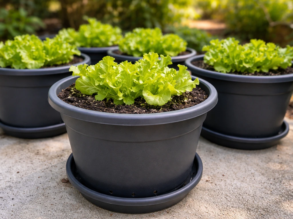 Container lettuce growing in pots with visible soil and drainage setup, ready to be moved into shade