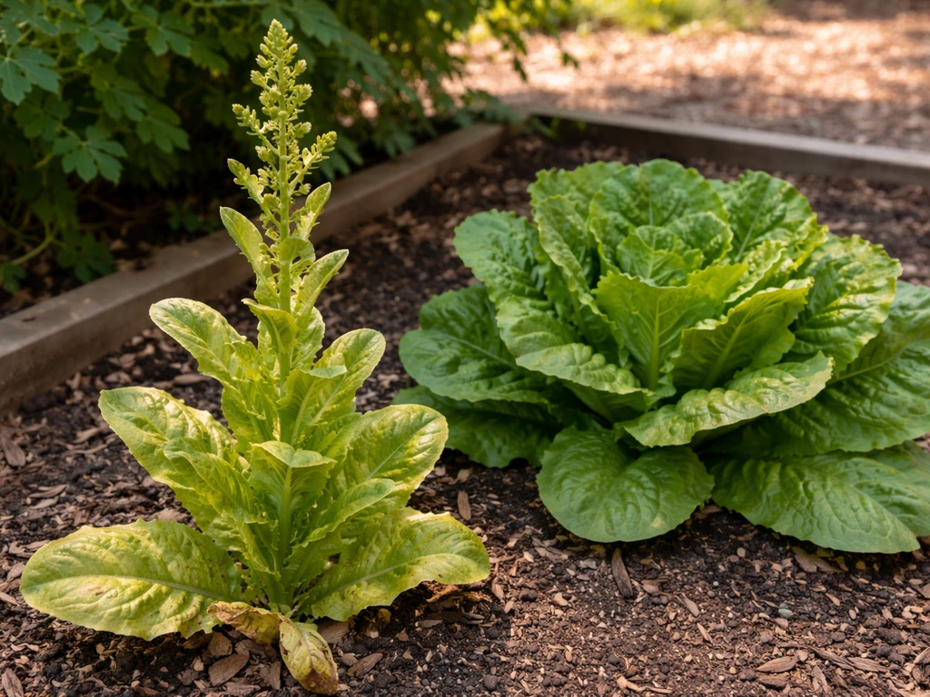 Bolting lettuce with an emerging flower stalk next to shaded, cooler lettuce leaves in a garden bed.