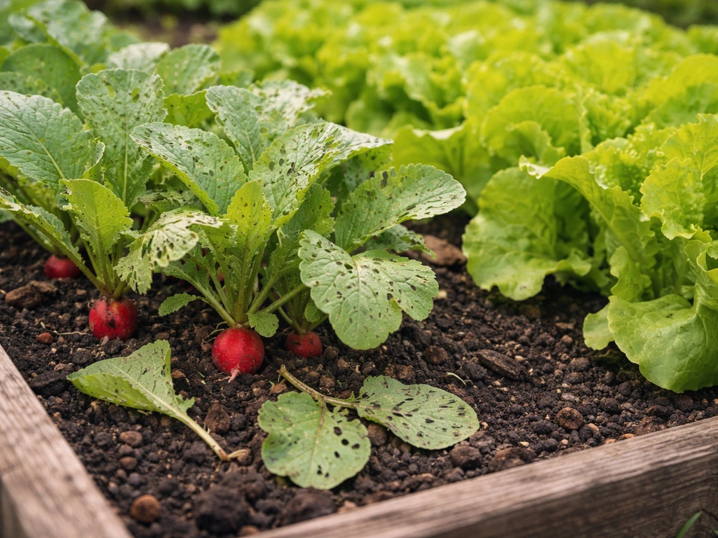 Close-up of radish leaves with small flea-beetle holes beside mostly healthy lettuce in a garden bed.