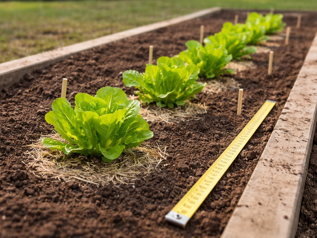 Minimal raised bed with lettuce plants and a measuring tape marking spacing in natural light.