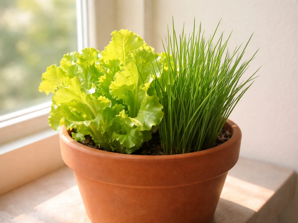 Loose-leaf lettuce in a small pot with compact chives beside it on a bright windowsill