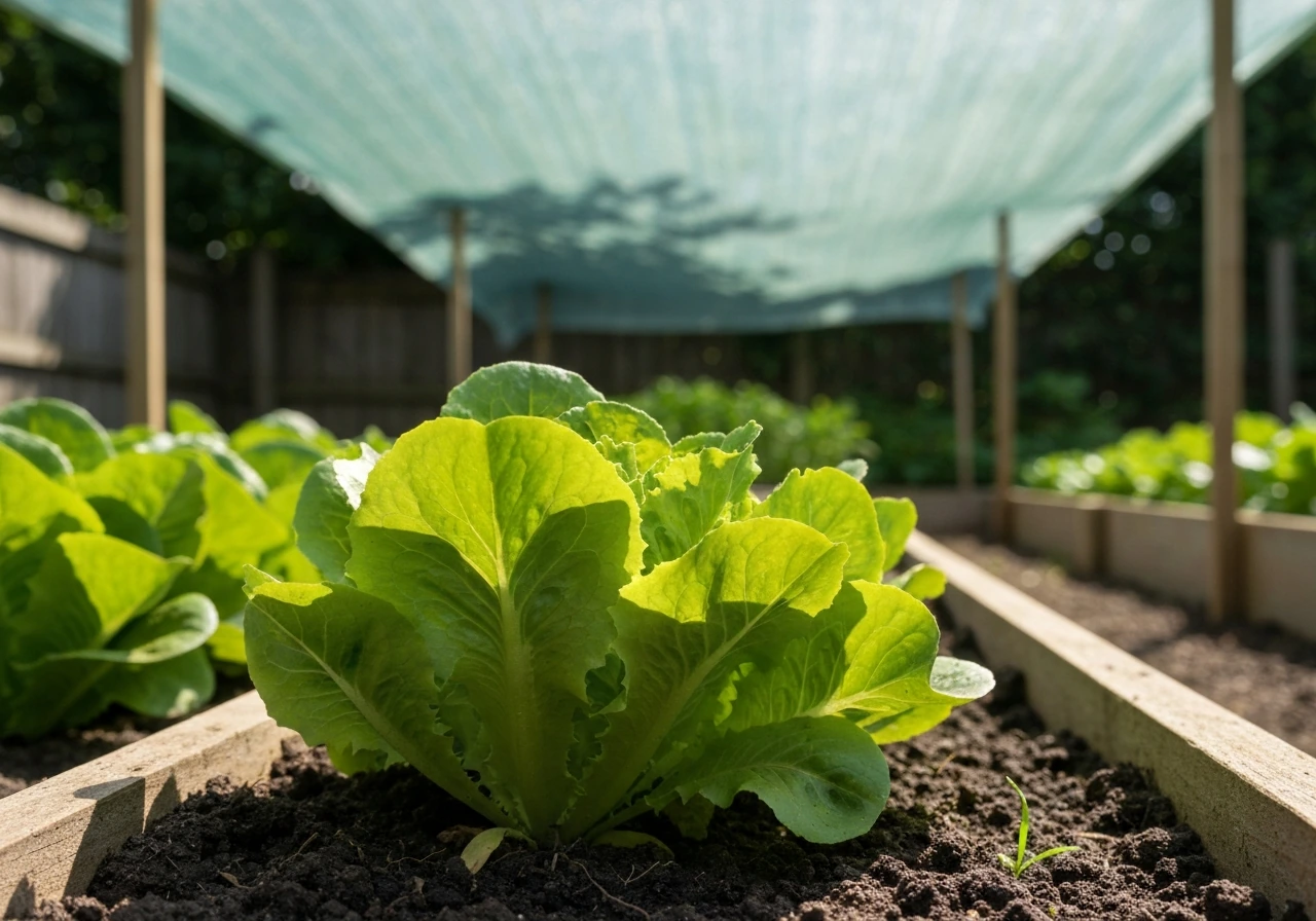 Fresh loose-leaf lettuce in a raised bed under soft shade cloth, signaling late-season planting.