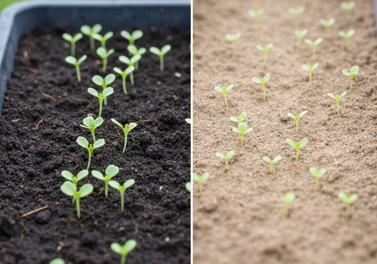 Close-up of lettuce seedlings in two soil temperatures—cool dark soil versus warmer lighter soil.