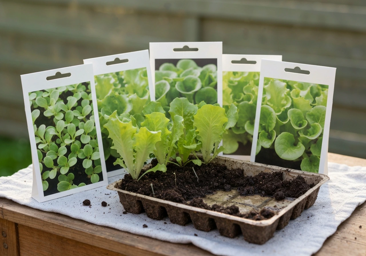 Three loose-leaf lettuce seed packets and a shallow starter tray on a potting surface in natural light.