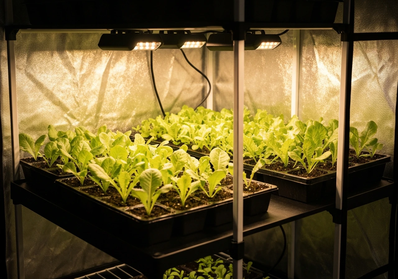 Indoor grow tent with LED lights shining on lettuce seedlings in starter trays