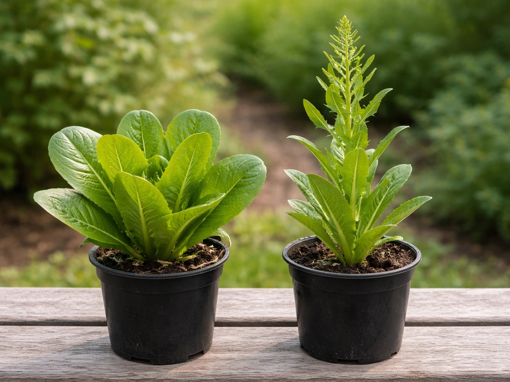 Two potted lettuce plants side-by-side, one compact and one bolting with a tall central stalk.
