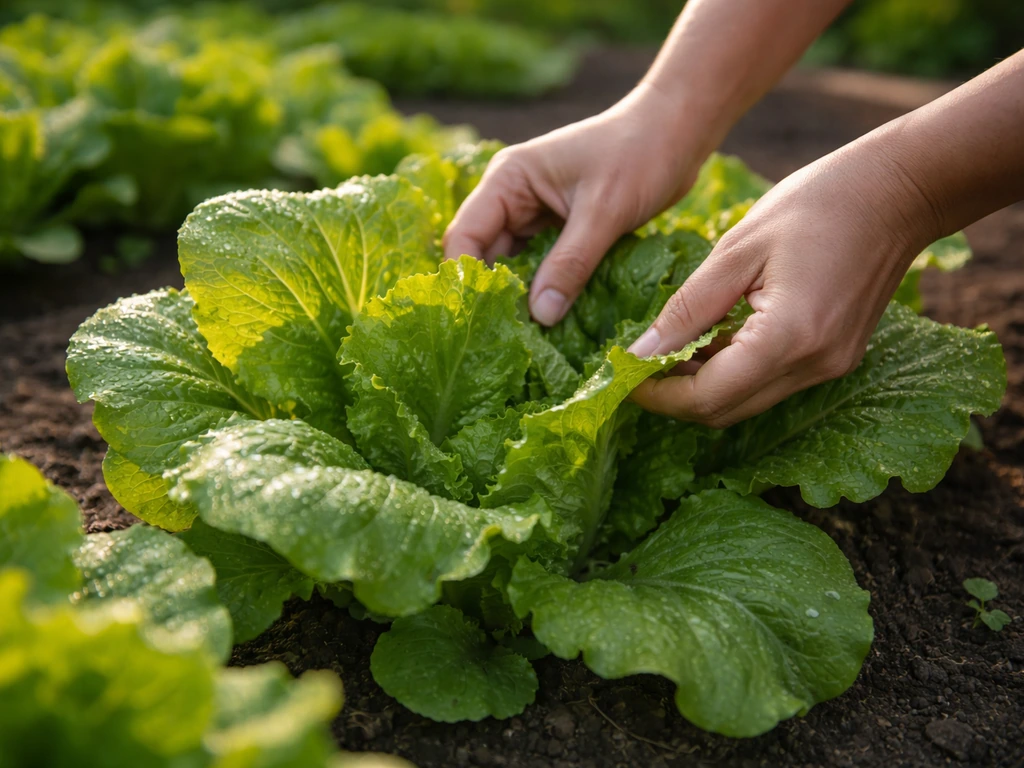 Hands harvesting outer leaves from a mature loose-leaf lettuce plant in the garden early morning.