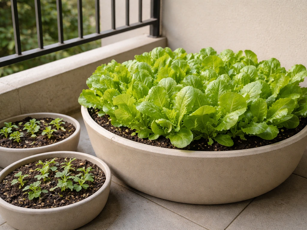 Fresh loose-leaf lettuce growing in shallow containers on a sunny balcony patio, ready to harvest.