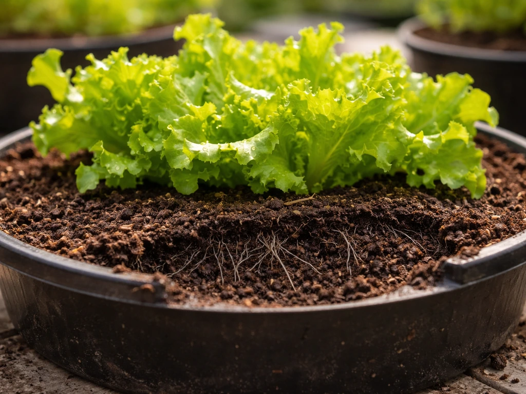 Close-up of loose-leaf lettuce growing in shallow containers, showing compact roots and fresh green leaves.