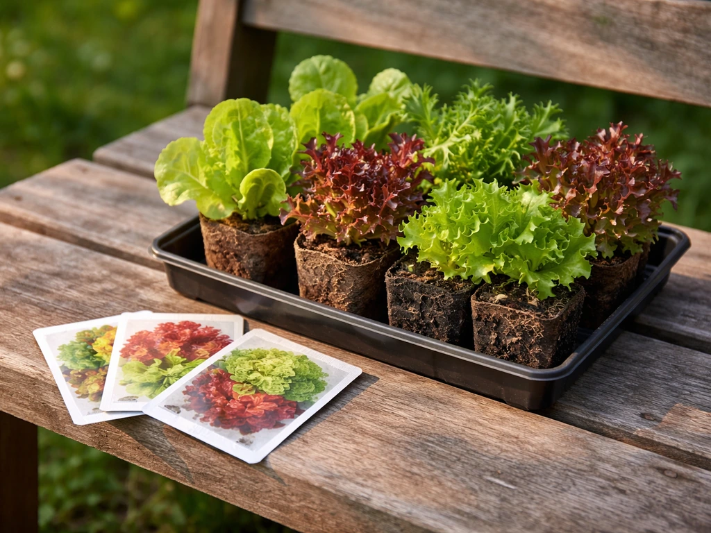Assorted loose-leaf lettuce plants in containers beside a bench, with unlabeled seed packets and soil