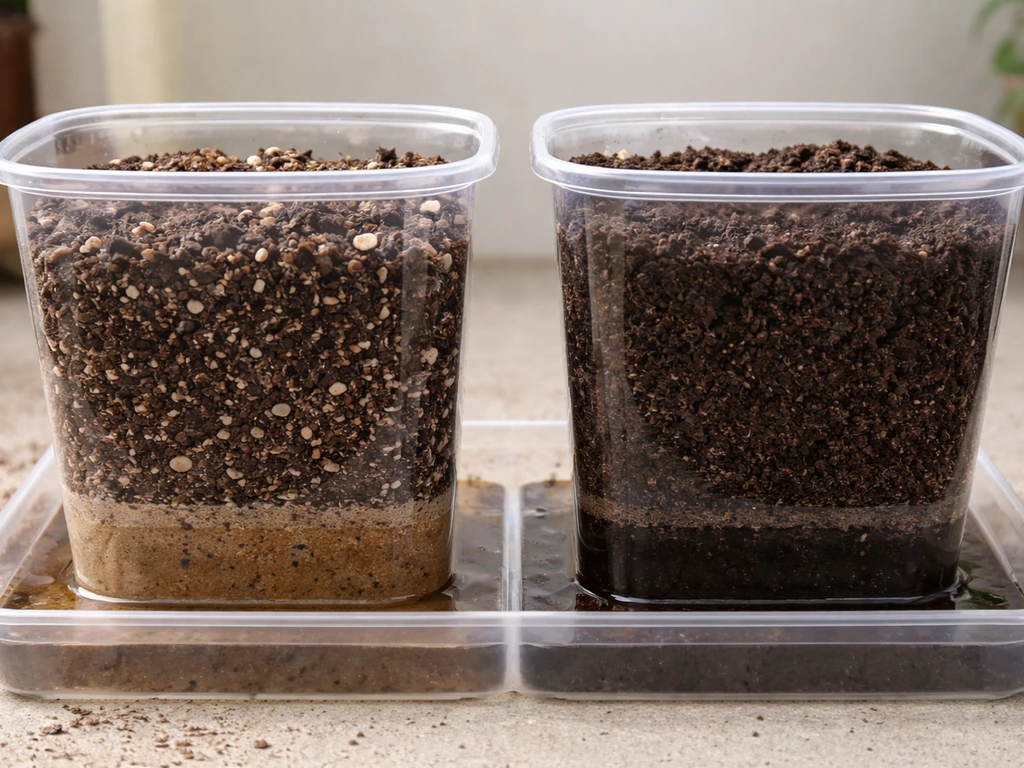Two small containers side by side showing potting mix vs denser garden soil and different drainage.