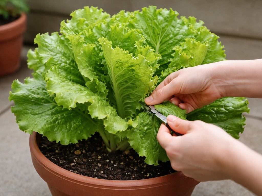 Hands harvesting outer leaves from a thriving container lettuce plant, cut-and-come-again style.