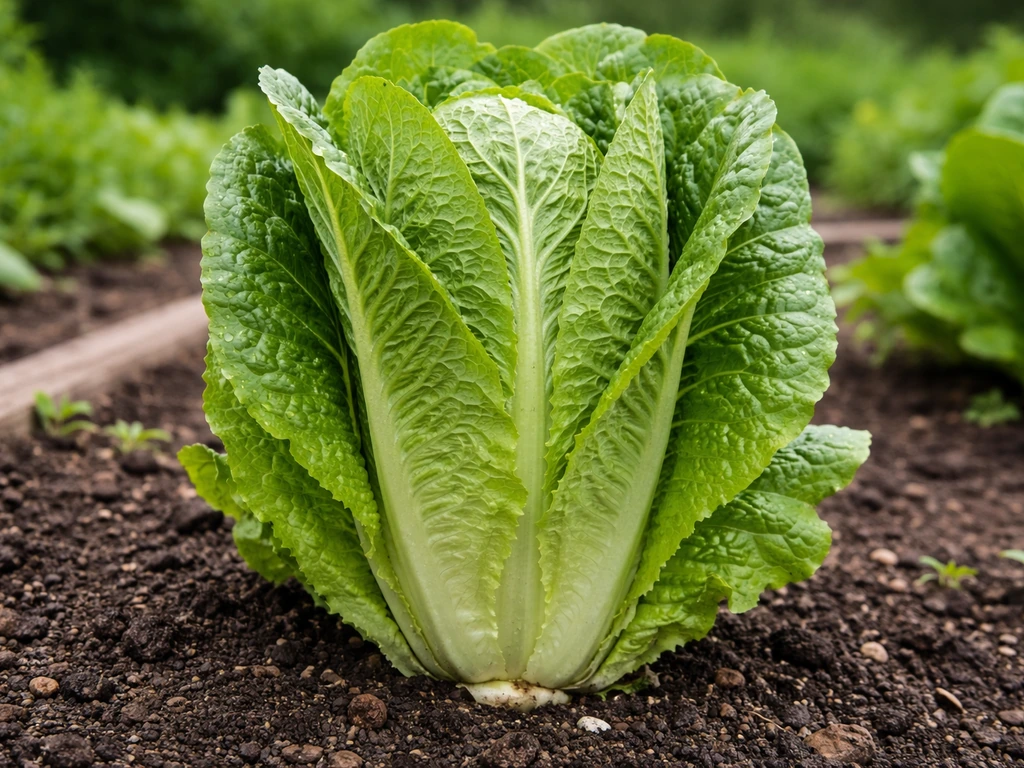 Mature Giant Caesar romaine lettuce head growing in dark soil outdoors, crisp leaves and visible base structure.
