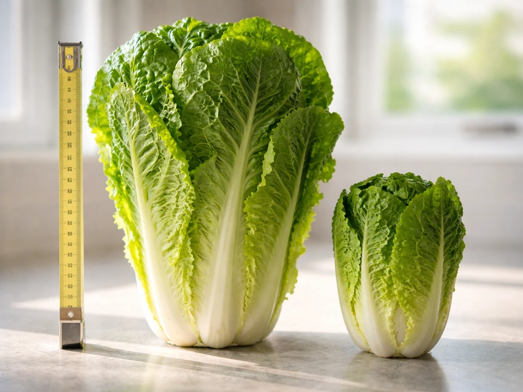 Two romaine lettuce heads on a counter with a measuring tape for size comparison.