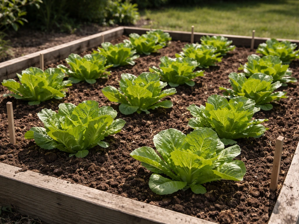 Garden outdoor bed with loose compost-amended soil and well-spaced green lettuce plants in rows.