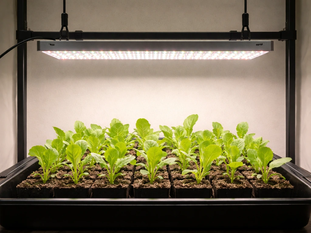 Grow lights shining over lettuce seedlings in a small indoor setup, seedlings reaching upward toward the light.