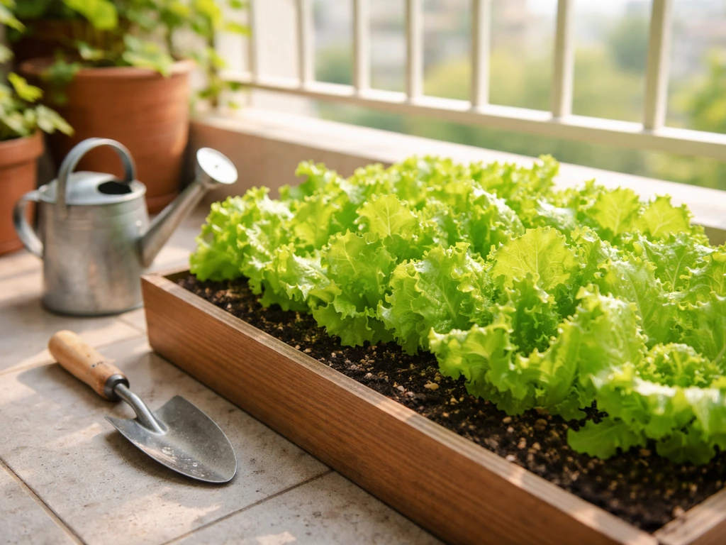 Fresh lettuce leaves growing in a small Indian balcony bed with soil and watering can nearby