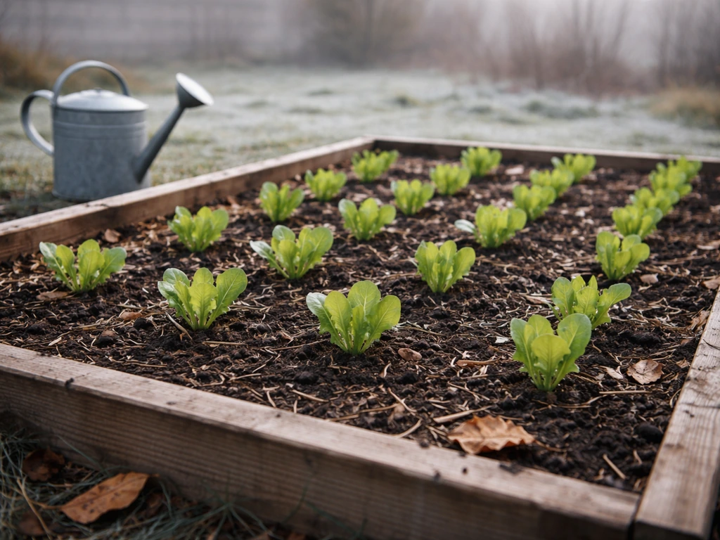 Lettuce seedlings in a small winter garden bed under cool daylight in India
