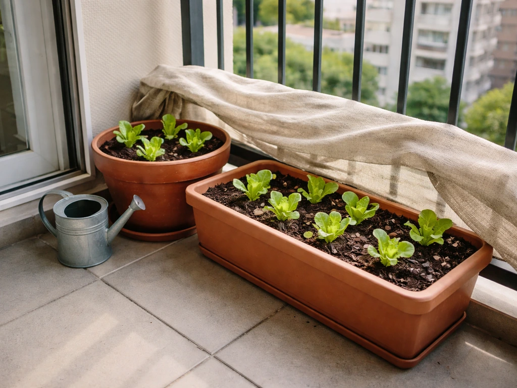 Young lettuce growing in balcony pots with potting mix/coco peat and light shade cloth.