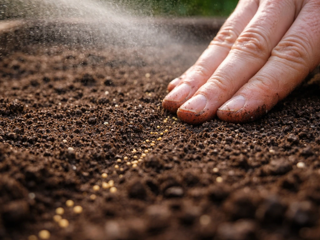 Close-up of tiny lettuce seeds being sown shallowly into loose soil, lightly pressed and misted