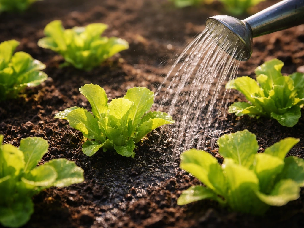 Morning sunlight hits lettuce as a watering can gently waters the evenly moist soil.