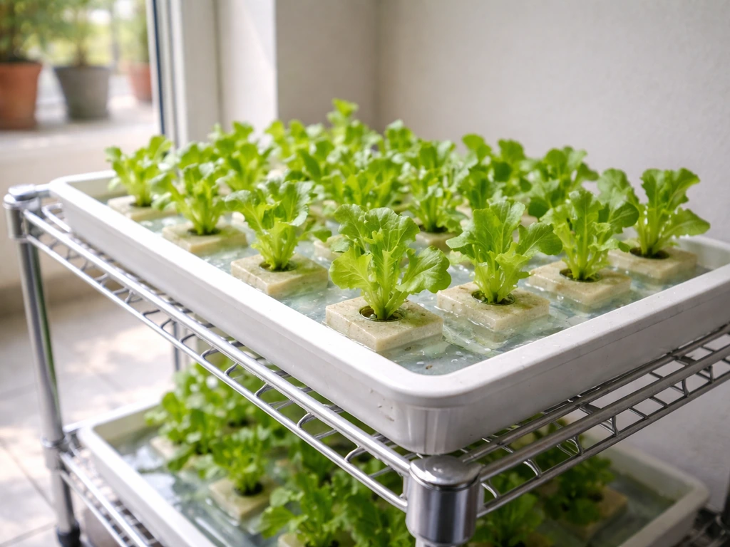 Small hydroponic lettuce setup on a bright Indian balcony window with young green leaves