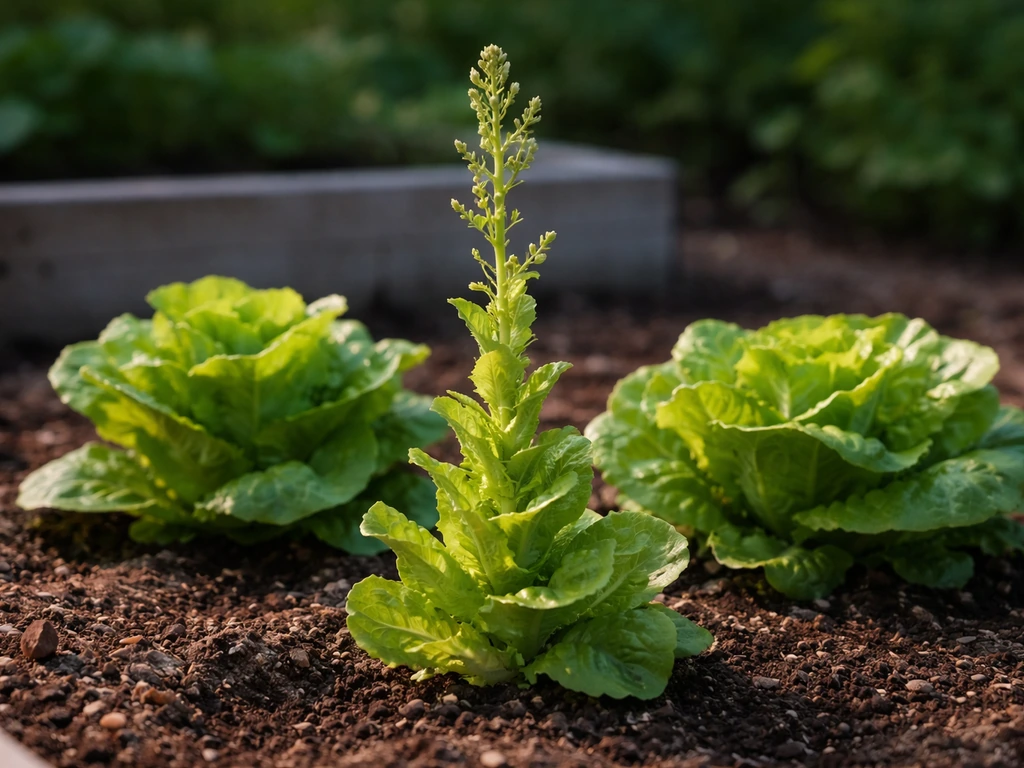 Lettuce plant bolting with a tall flower stalk, with nearby healthy leafy lettuce in natural light.