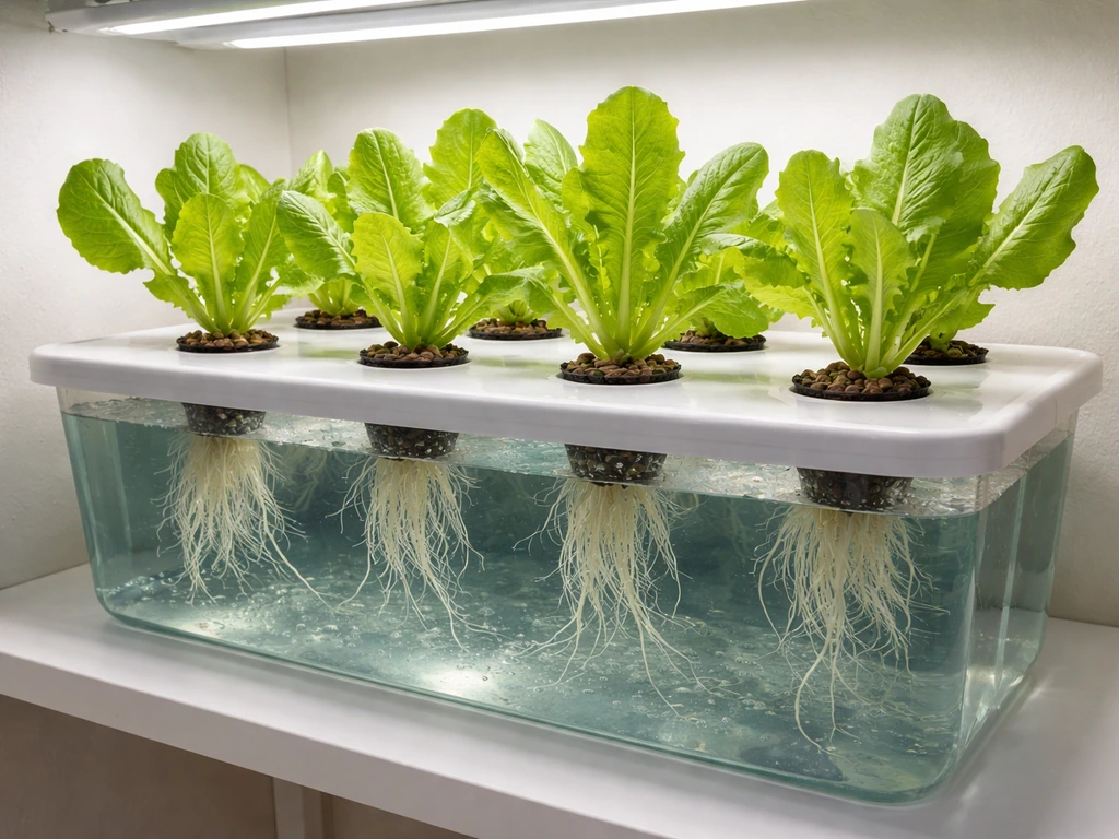 Fresh hydroponic lettuce growing indoors under white grow lights in a clean DWC reservoir with net pots.