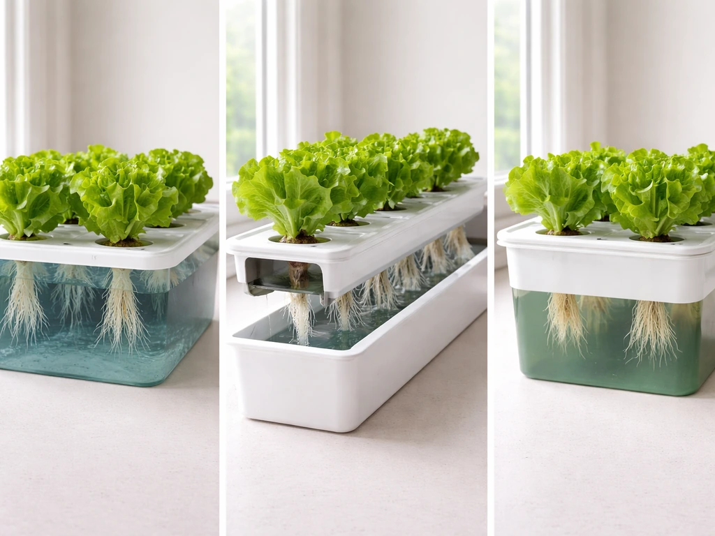 Three hydroponic lettuce setups side-by-side with visible roots: DWC tub, NFT channel, and Kratky reservoir.