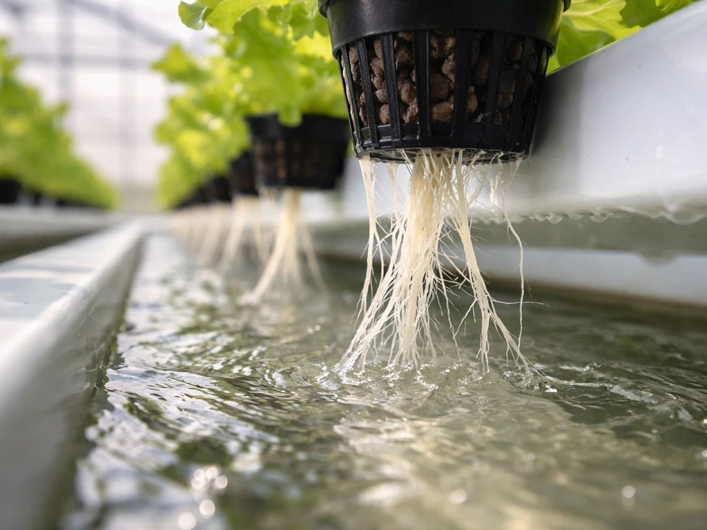 Close-up of lettuce roots touching a thin flowing nutrient film in an NFT hydroponic trough.