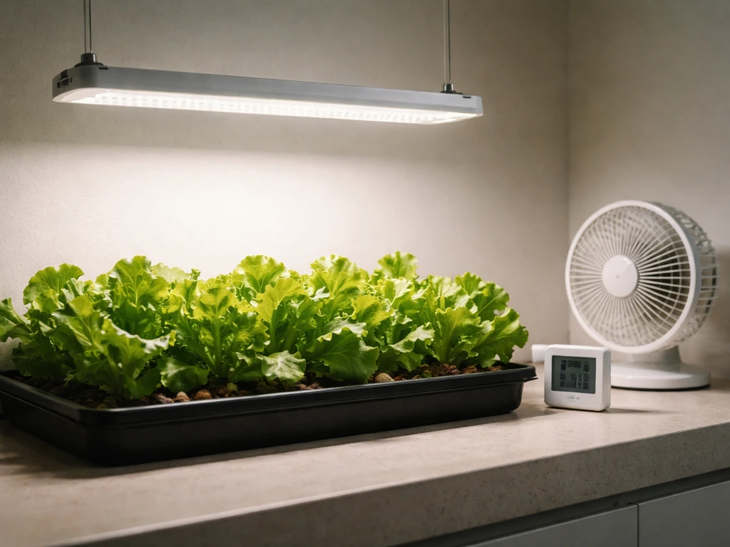 Indoor lettuce under a grow light with a nearby thermometer/hygrometer and a small fan moving air at canopy level