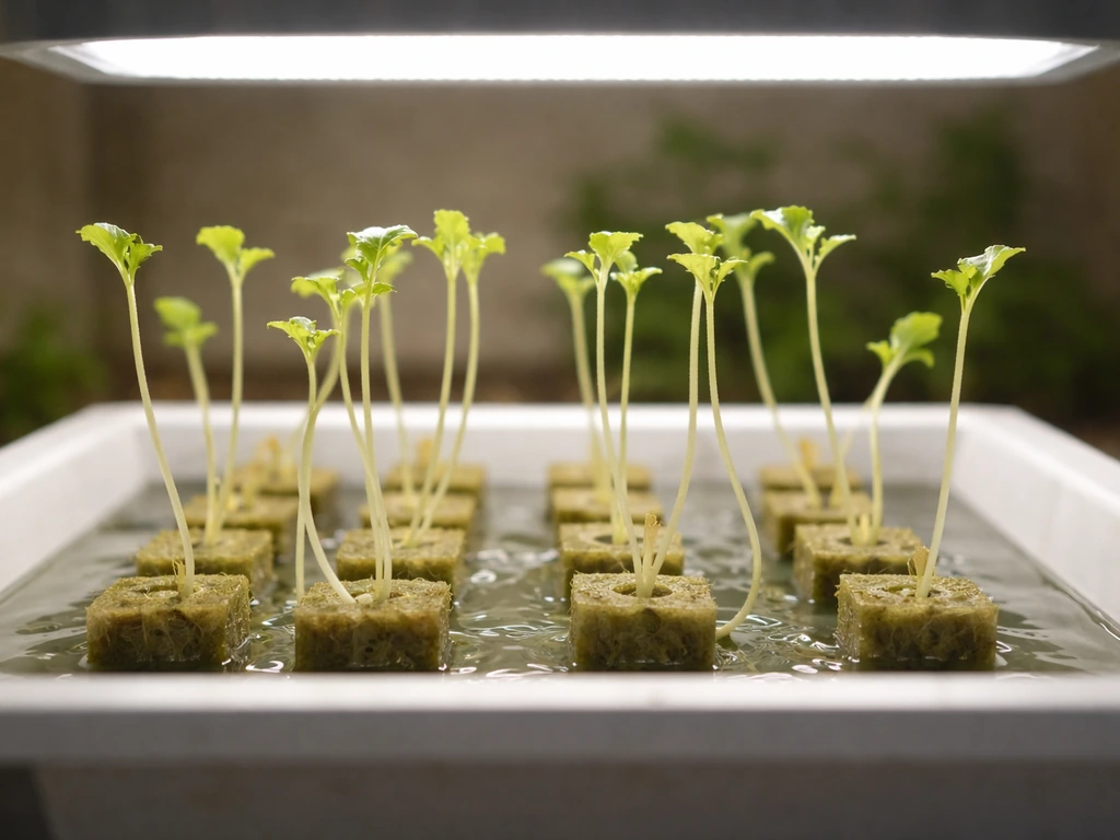 Leggy hydroponic lettuce seedlings with stretched stems under a grow light placed too far away