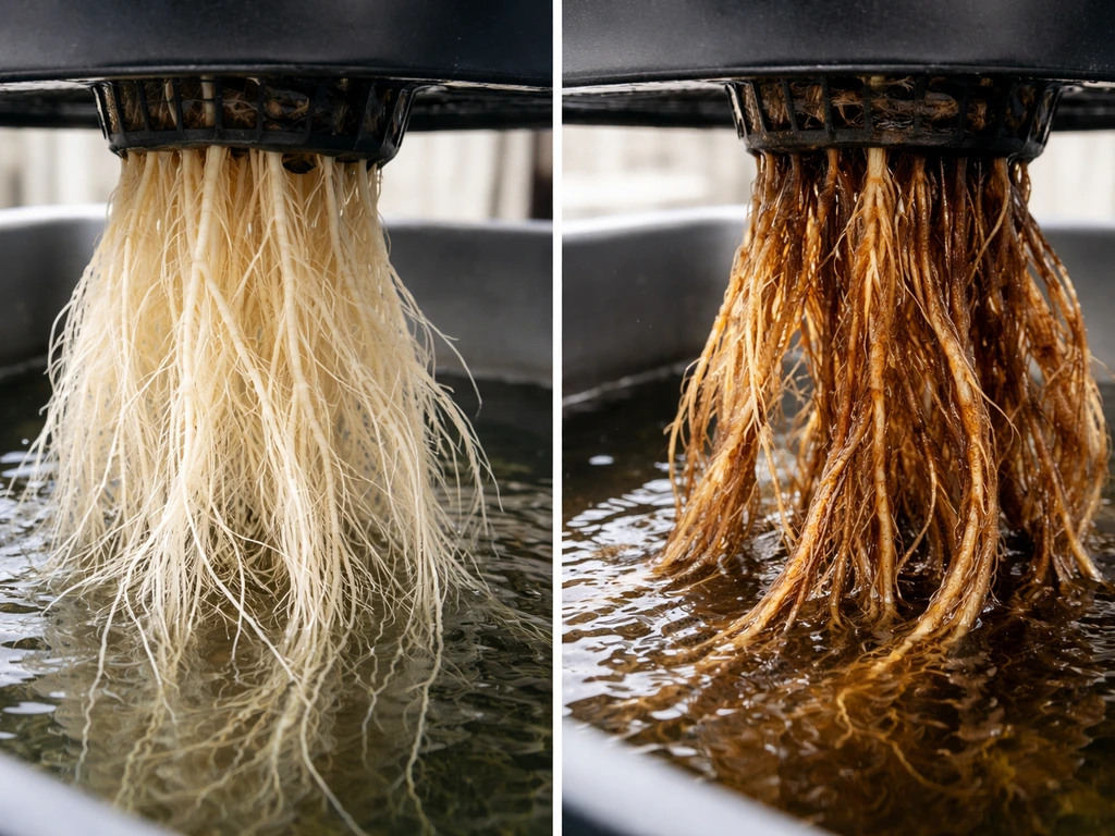 Hydroponic reservoir showing healthy off-white roots vs brown slimy diseased roots