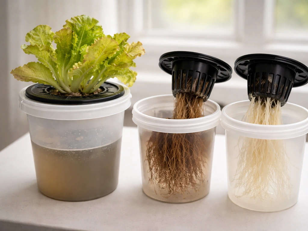 Two water-culture lettuce containers showing yellow leaves and browned, unhealthy roots on an indoor bench.