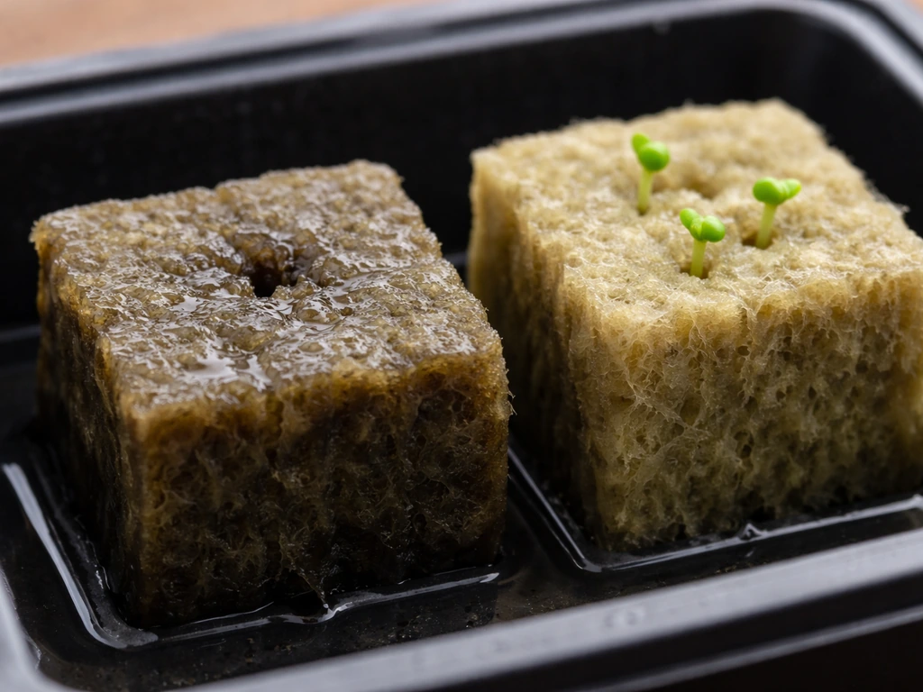 Two rockwool cubes side by side: one too wet, one evenly moist with small sprouts emerging.