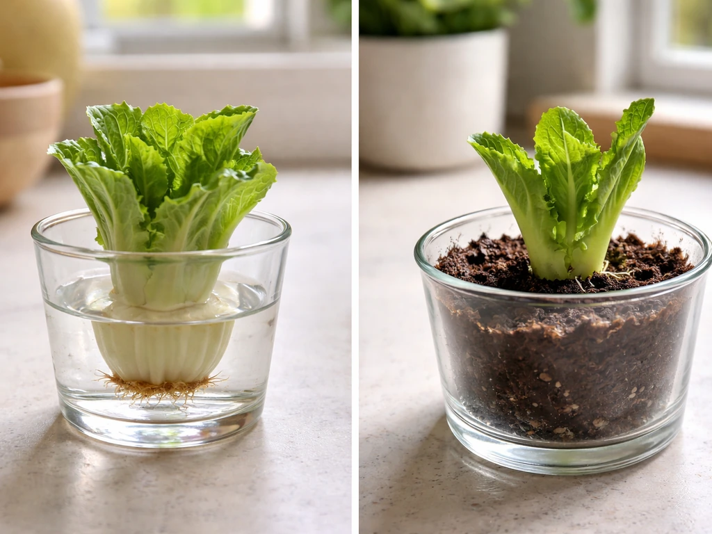 Two lettuce regrowth scenes: romaine base in water and a leafy stem cutting with roots in soil.