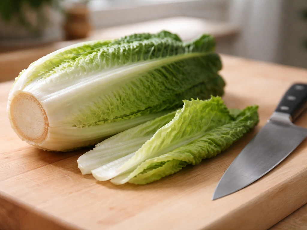 Romaine lettuce on a cutting board showing a straight trim and exposed whitish root crown.