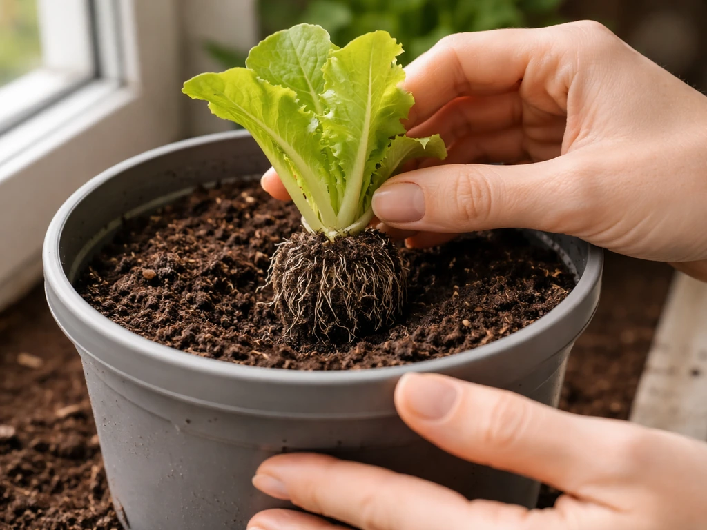 Rooted lettuce base being transplanted into a deep pot with moist potting mix and visible roots.