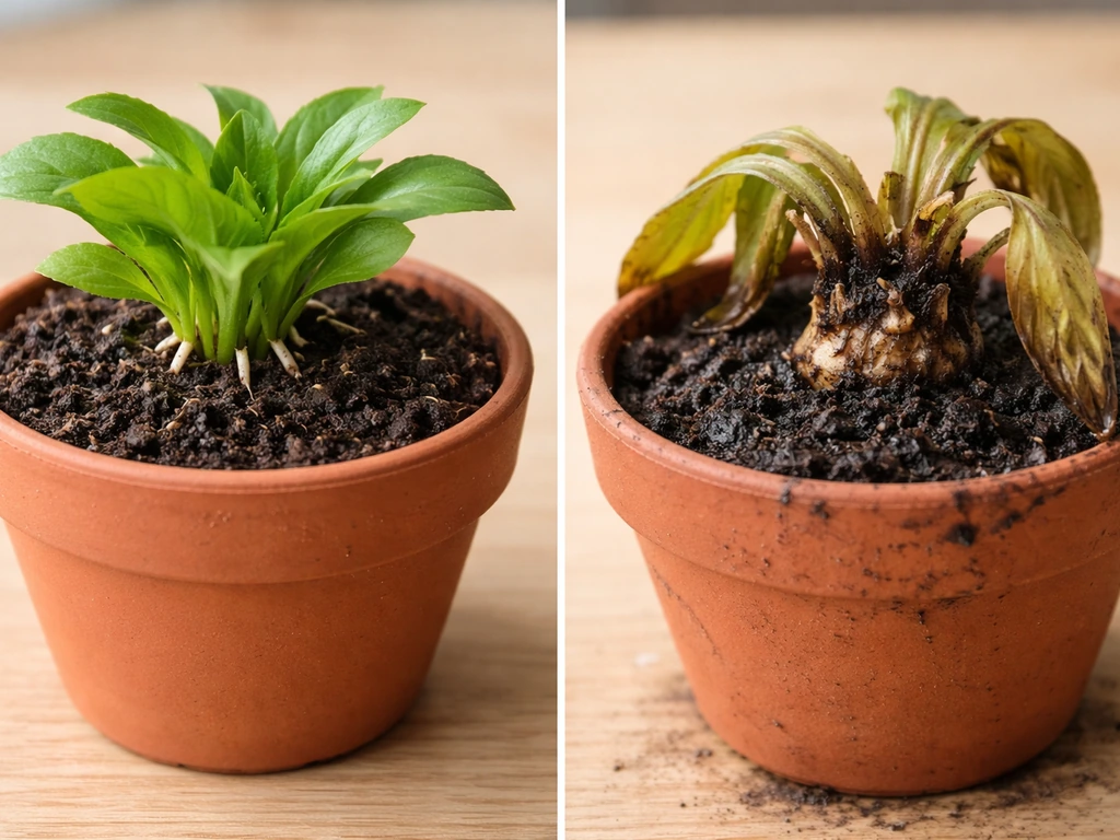 Side-by-side pots showing healthy root nubs on one plant and a mushy, brown-black rotting crown on the other.