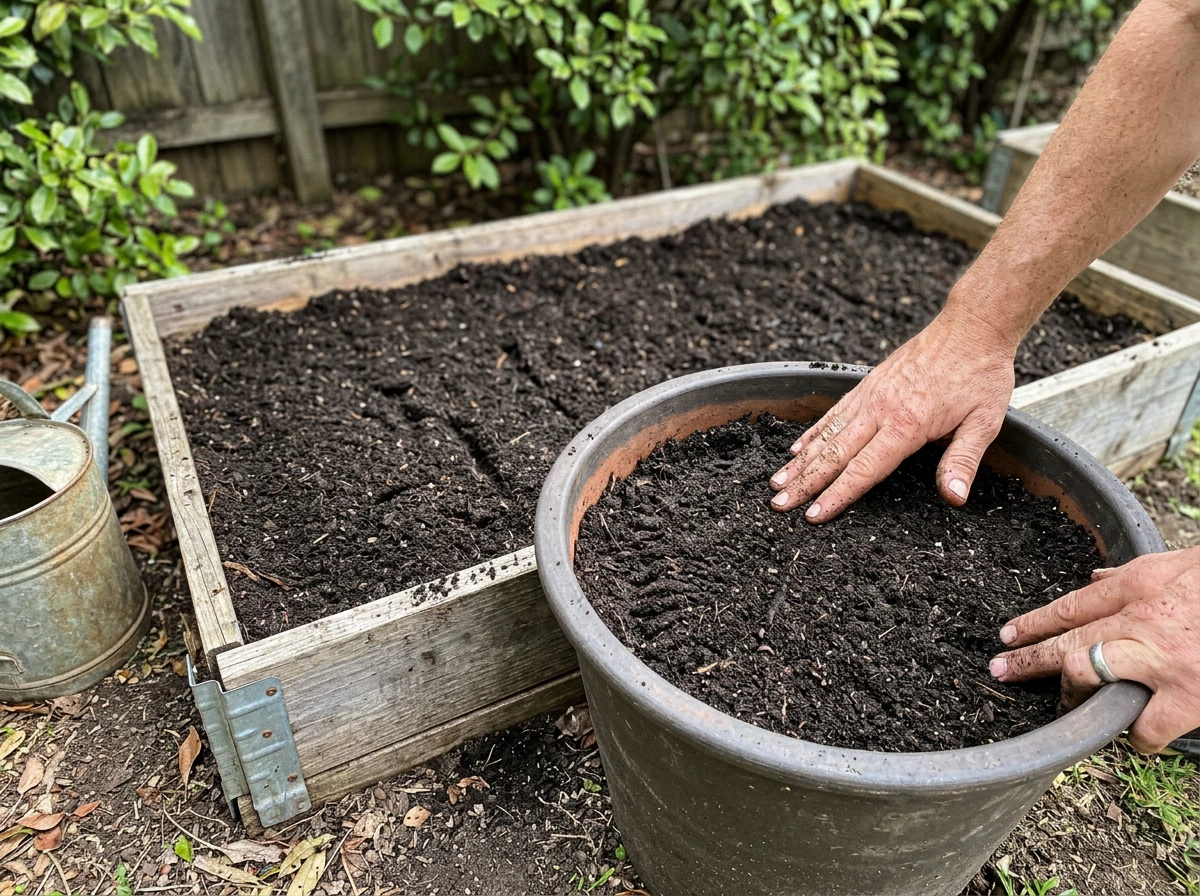 Raised bed and container with labeled soil mix, drainage holes, and spacing