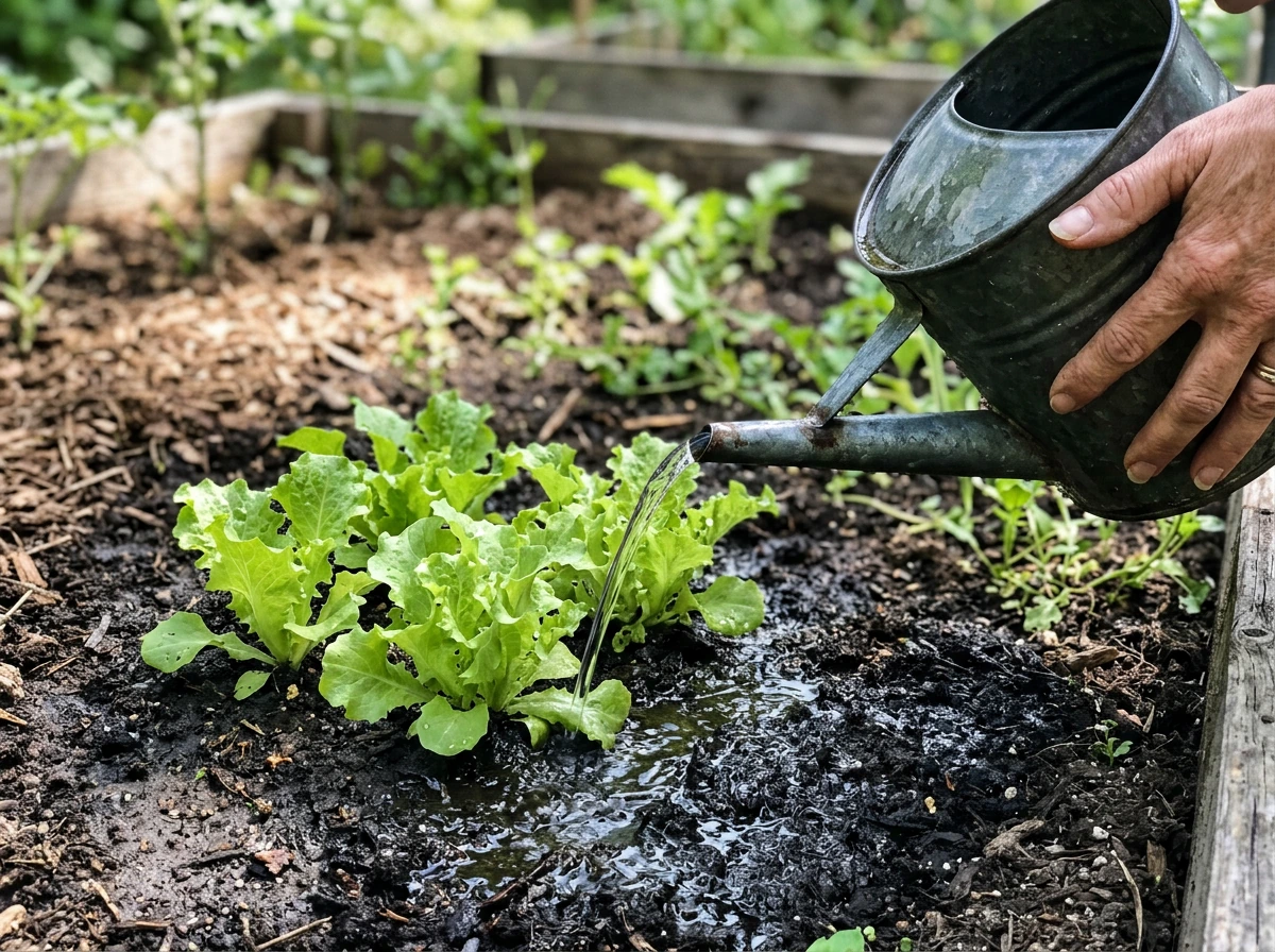 Watering lettuce at soil level with a watering can for deep soak