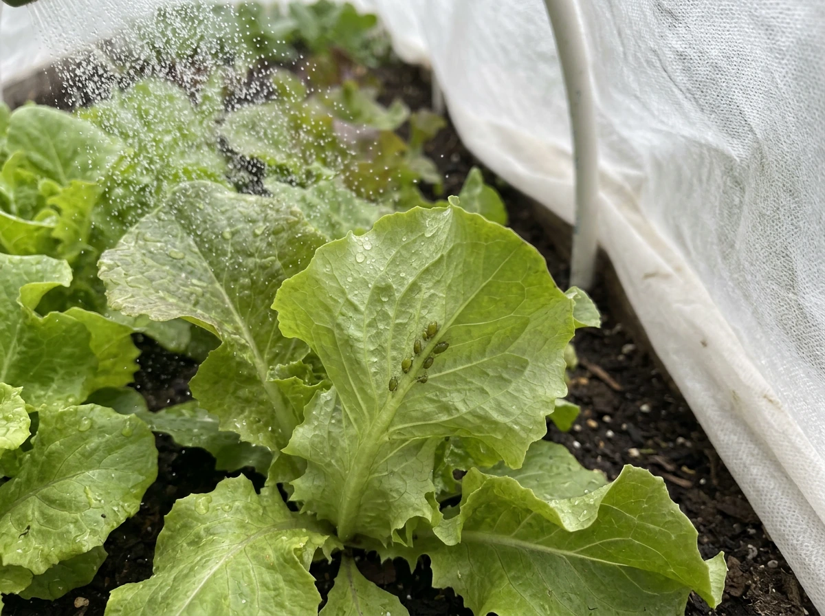 Aphids knocked off lettuce leaves and row cover ready to use