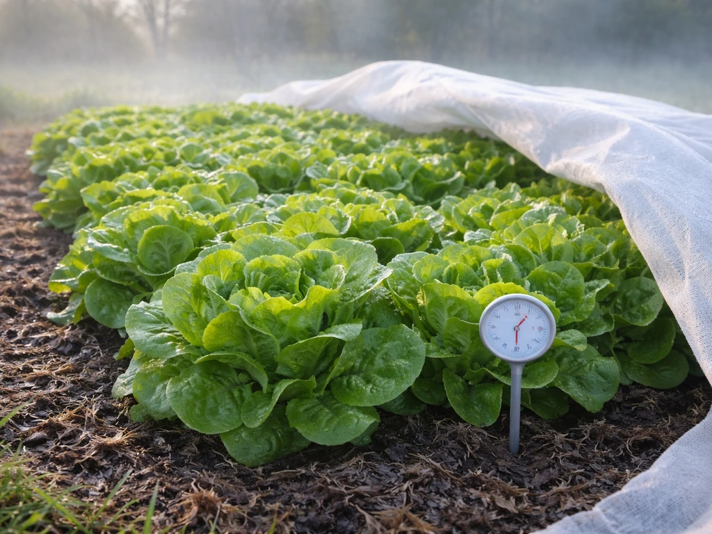 Lush green lettuce bed outdoors under cool morning light with a visible thermometer and row cover