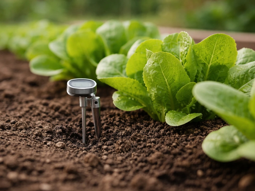 Lettuce in a garden bed with a clipped temperature probe measuring cool spring/fall soil.