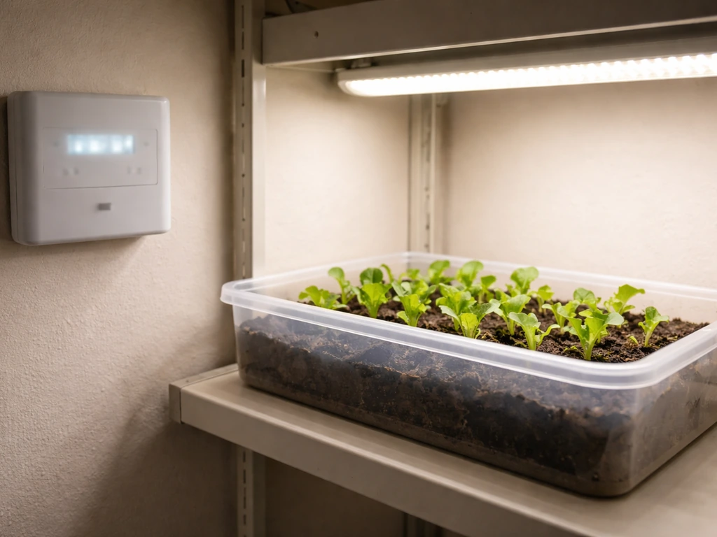 Lettuce seedlings in a container under grow lights with a thermostat-style controller nearby showing a temperature indic