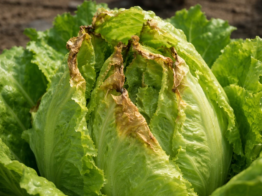 Close-up of inner lettuce leaves with brown papery edges indicating tip burn from heat stress.