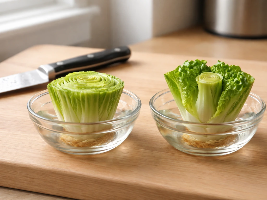 Kitchen counter with two romaine setups: cut head base and trimmed stalk base showing what can regrow.