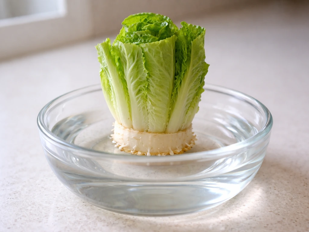 Romaine base cut and placed in a shallow glass of clean water, showing early root bumps forming.